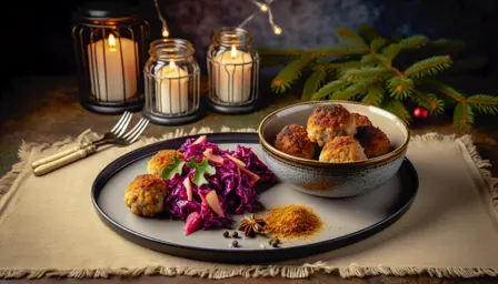Sprøde julefrikadeller med krydret rødkålssalat