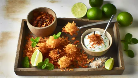 Sprøde Karamelliserede Kokos- og Chilipraliner med Lime-Mynte Dip