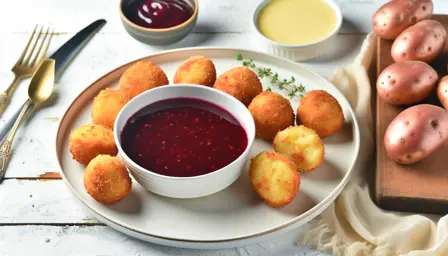 Sprøde kartoffelkroketter med rødvinssauce