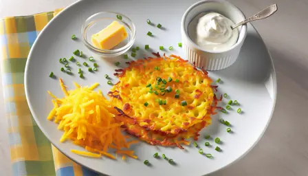 Sprøde kartoffelrösti med ost og purløg på tallerken