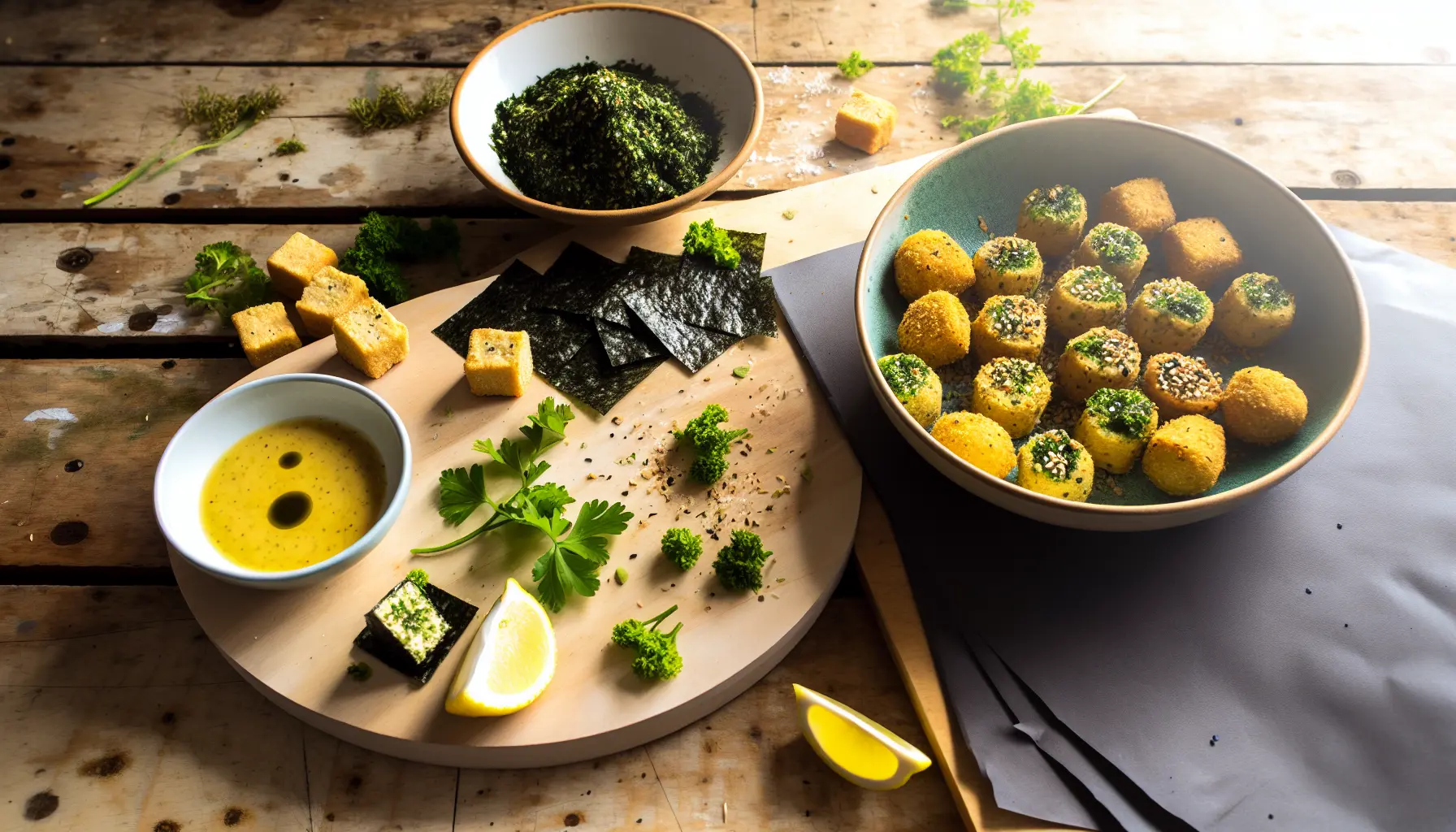 Sprøde Krydderurte- og Citrustofu Bites med Ristet Nori-Dip