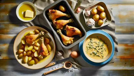 Sprøde kyllingelår med cremet bearnaisesauce og ovnbagte kartofler