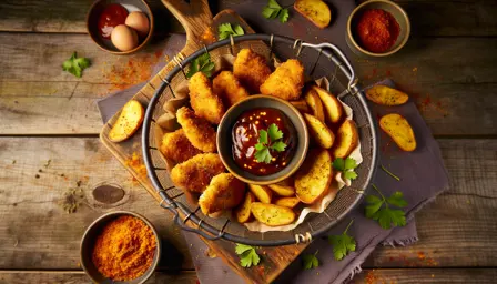 Sprøde kyllingenuggets med røget barbecue-dip og krydrede kartoffelbåde