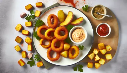 Sprøde løgringe med dip og ovnbagte kartoffeltern