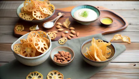 Sprøde Lotusrodchips med Miso-Mandel Dip og Yuzu-Glaze
