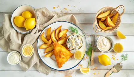 Sprøde luftige fiskefileter med hjemmelavet remoulade og gyldne kartoffelbåde