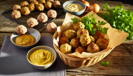 Sprøde luftige frikadeller med cremet sennepsdip