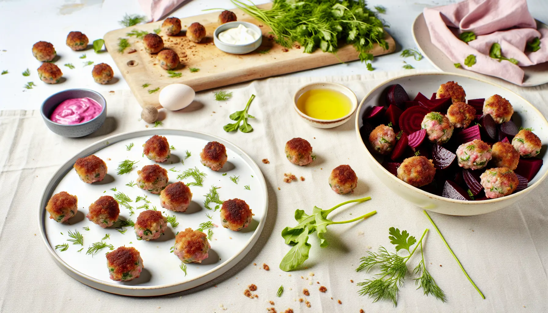 Sprøde luftige mini frikadeller med frisk rødbedesalat