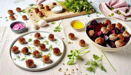 Sprøde luftige mini frikadeller med frisk rødbedesalat