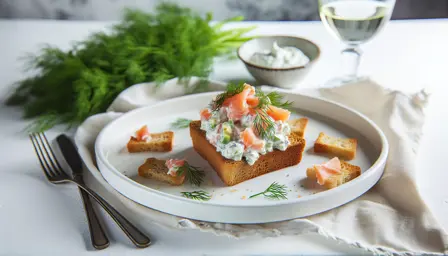 Sprøde rugbrødscroutoner med røget laksesalat og dildcreme