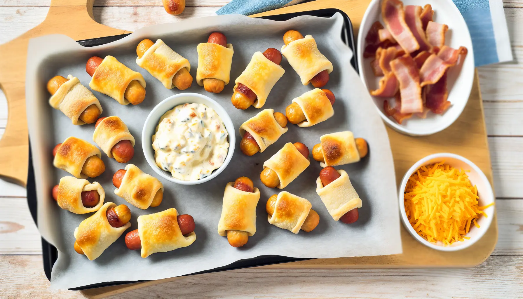 Sprøde Mini Baconindpakkede Pølsehorn med Cremet Ostefyld