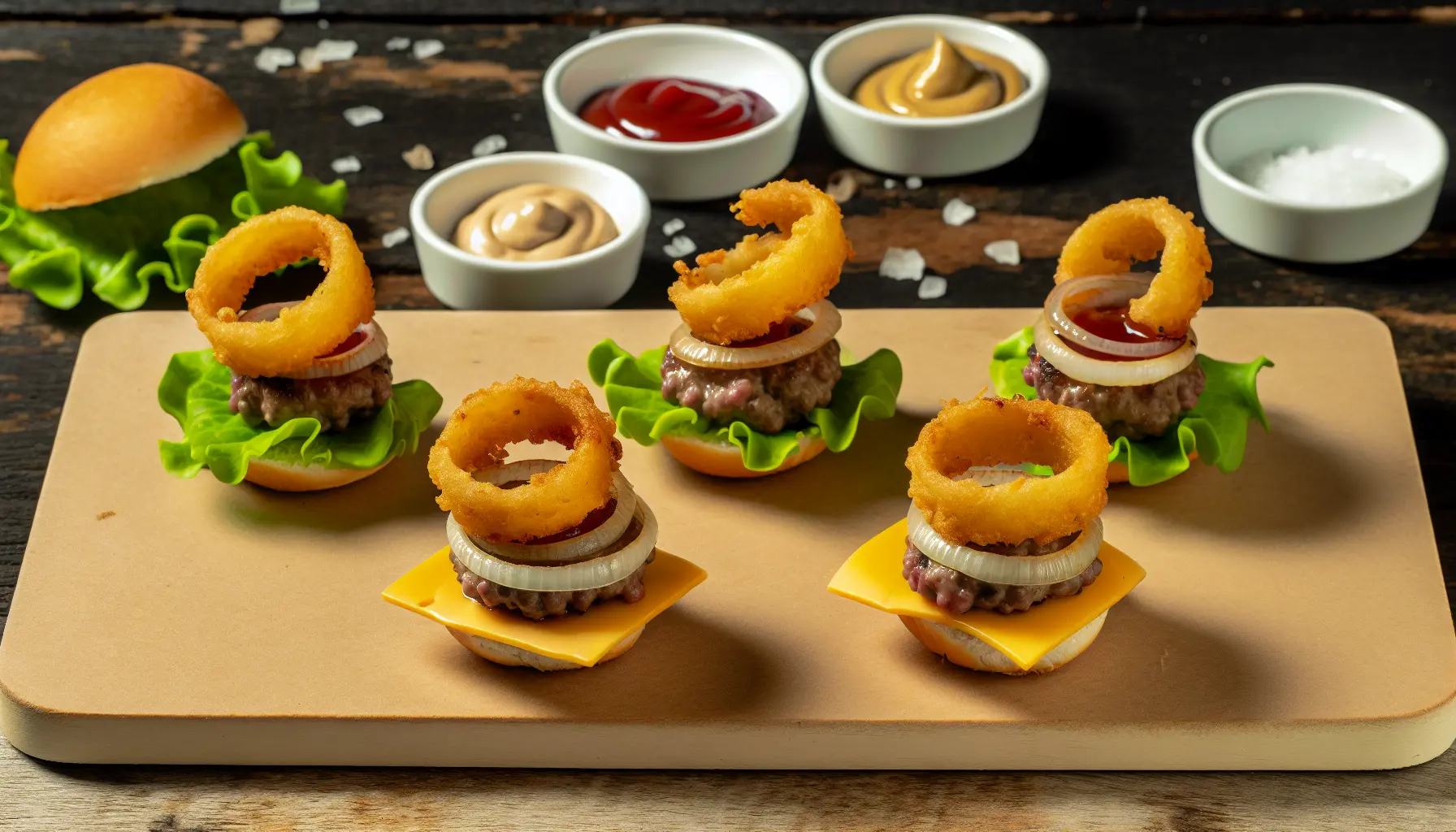 Mini cheeseburgere med sprøde karamelliserede løgringe