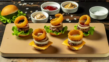 Mini cheeseburgere med sprøde karamelliserede løgringe