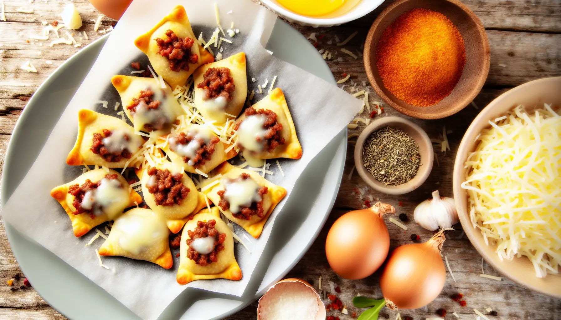 Sprøde Mini Pizza Pockets med Krydret Oksefars og Smeltet Ost
