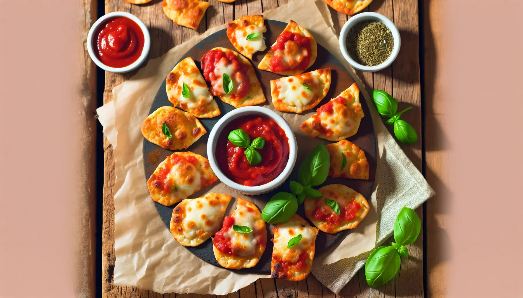 Sprøde Mini Pizzasnacks med Mozzarella og Tomatsauce