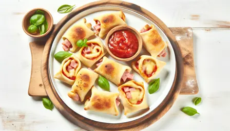 Sprøde mini-pizzasnegle med skinke og ost på fad