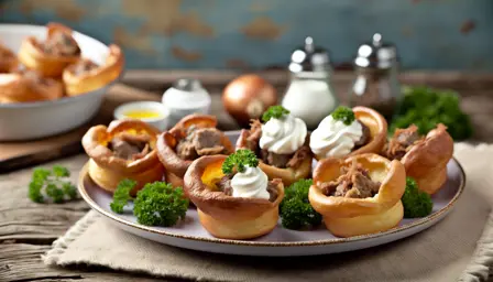 Sprøde Mini Yorkshire-puddinger med Oksekød og Peberrodsskum