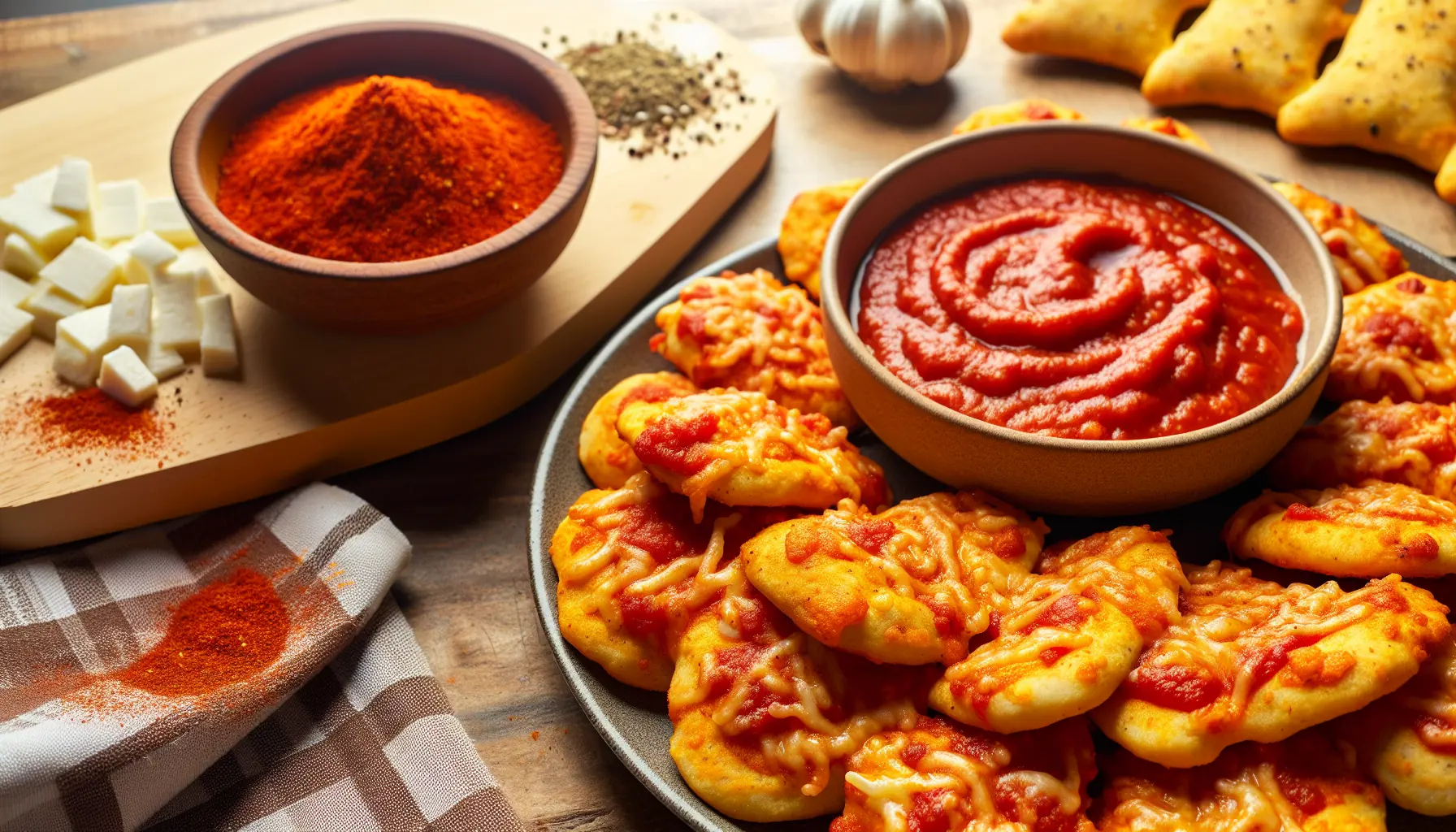 Sprøde Pizza-snacks med Krydret Tomatsauce og Smeltet Ost