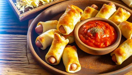 Sprøde pølsehorn med smeltet ost og krydret tomatsauce