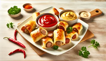 Sprøde Pølseruller med Krydret Ketchup og Cremet Sennep