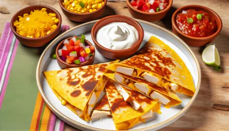 Sprøde quesadillas med kylling serveret med salsa og creme fraiche