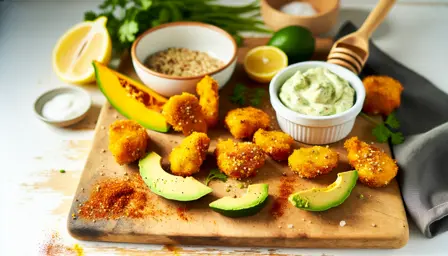 Sprøde quinoa- og græskar nuggets med cremet avocadodip