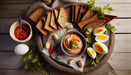 Sprøde rugbrødschips med cremet æg og krydret tomatdip