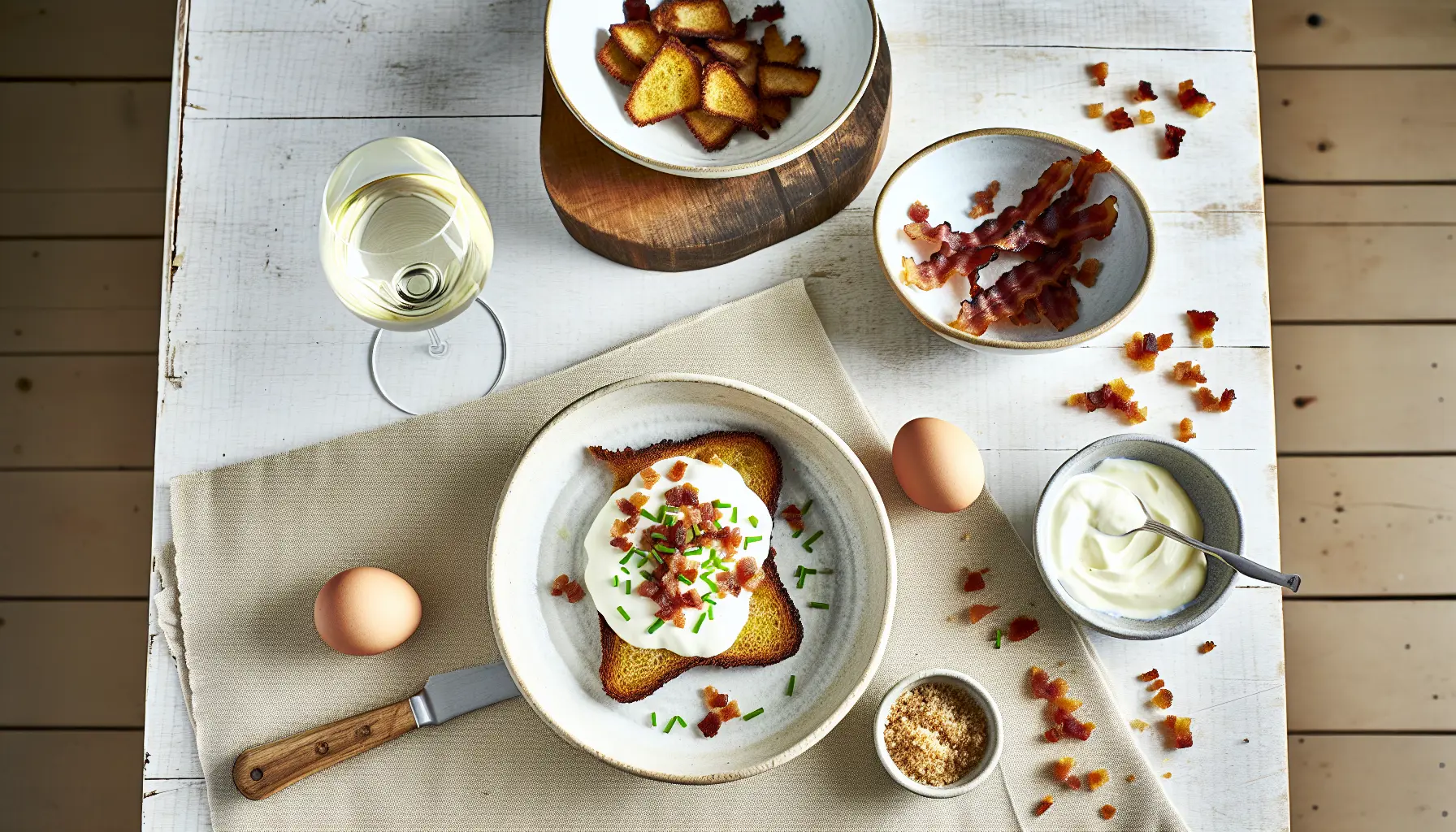 Sprøde smørbagte rugbrødschips med æggecreme og karamelliseret bacon