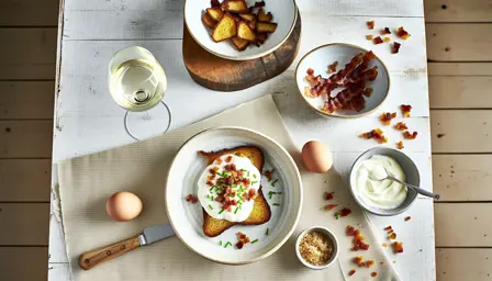 Sprøde smørbagte rugbrødschips med æggecreme og karamelliseret bacon