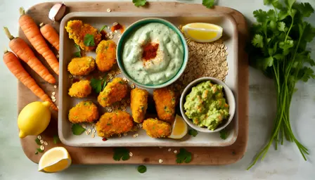 Sprødstegte vegetariske grovnuggets med cremet avocadodip