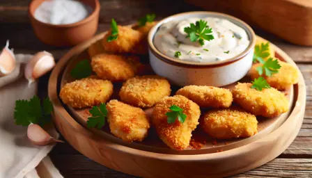 Sprøde gyldne chicken nuggets med cremet hvidløg-dip