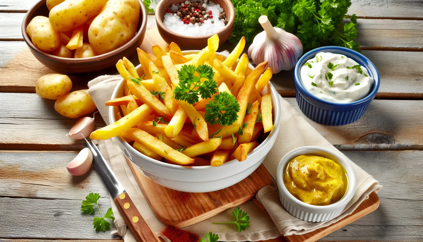 Sprøde hjemmelavede pommes frites med cremet hvidløgsdip