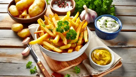 Sprøde hjemmelavede pommes frites med cremet hvidløgsdip