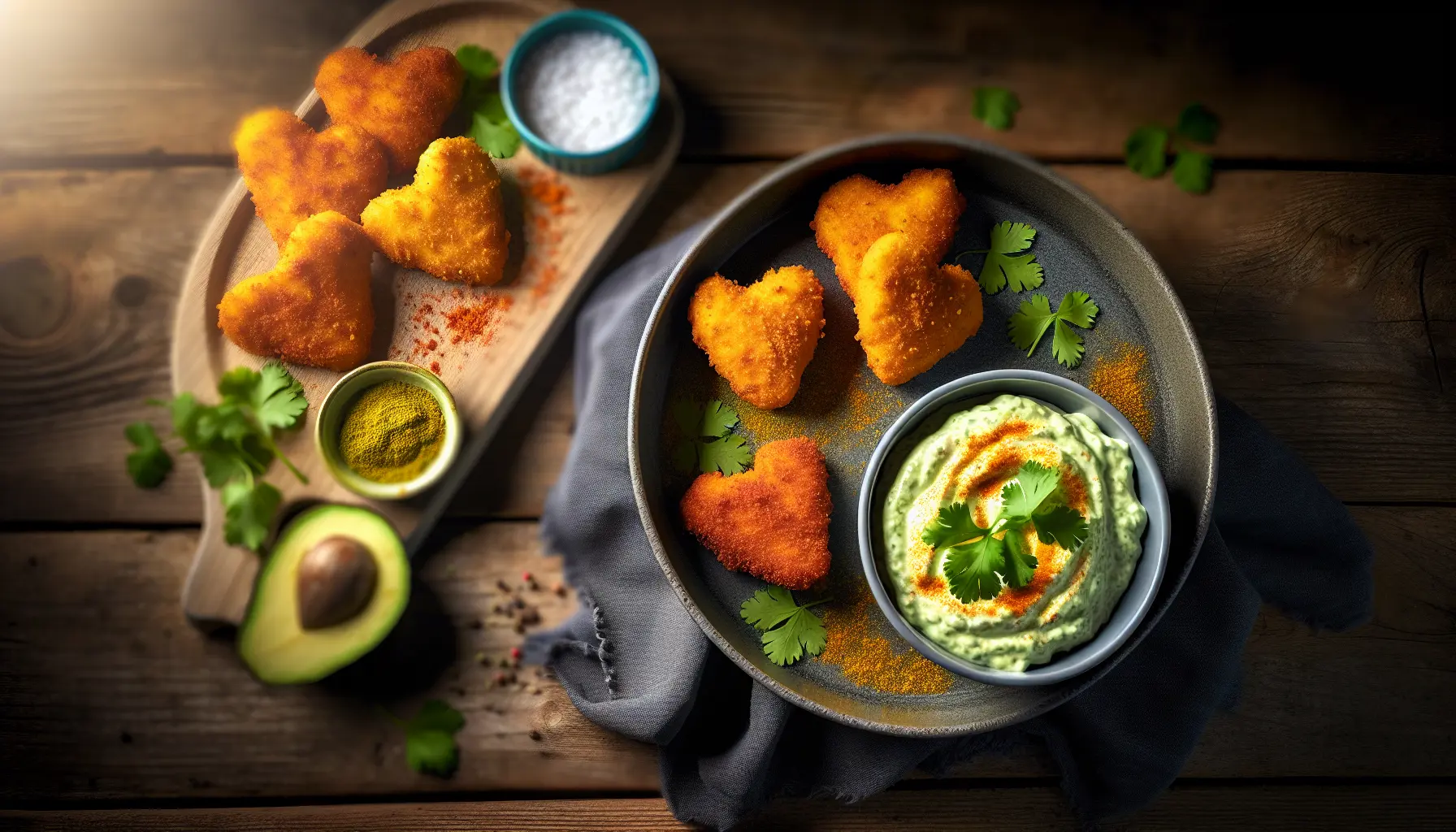 Sprøde Hjerteformede Kyllingenuggets med Cremet Avocado Dip