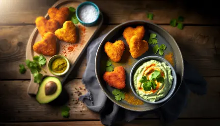 Sprøde Hjerteformede Kyllingenuggets med Cremet Avocado Dip